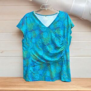 Kuhl Women's XL Green Geometric Print Ruched Short Sleeved Top Organic Cotton